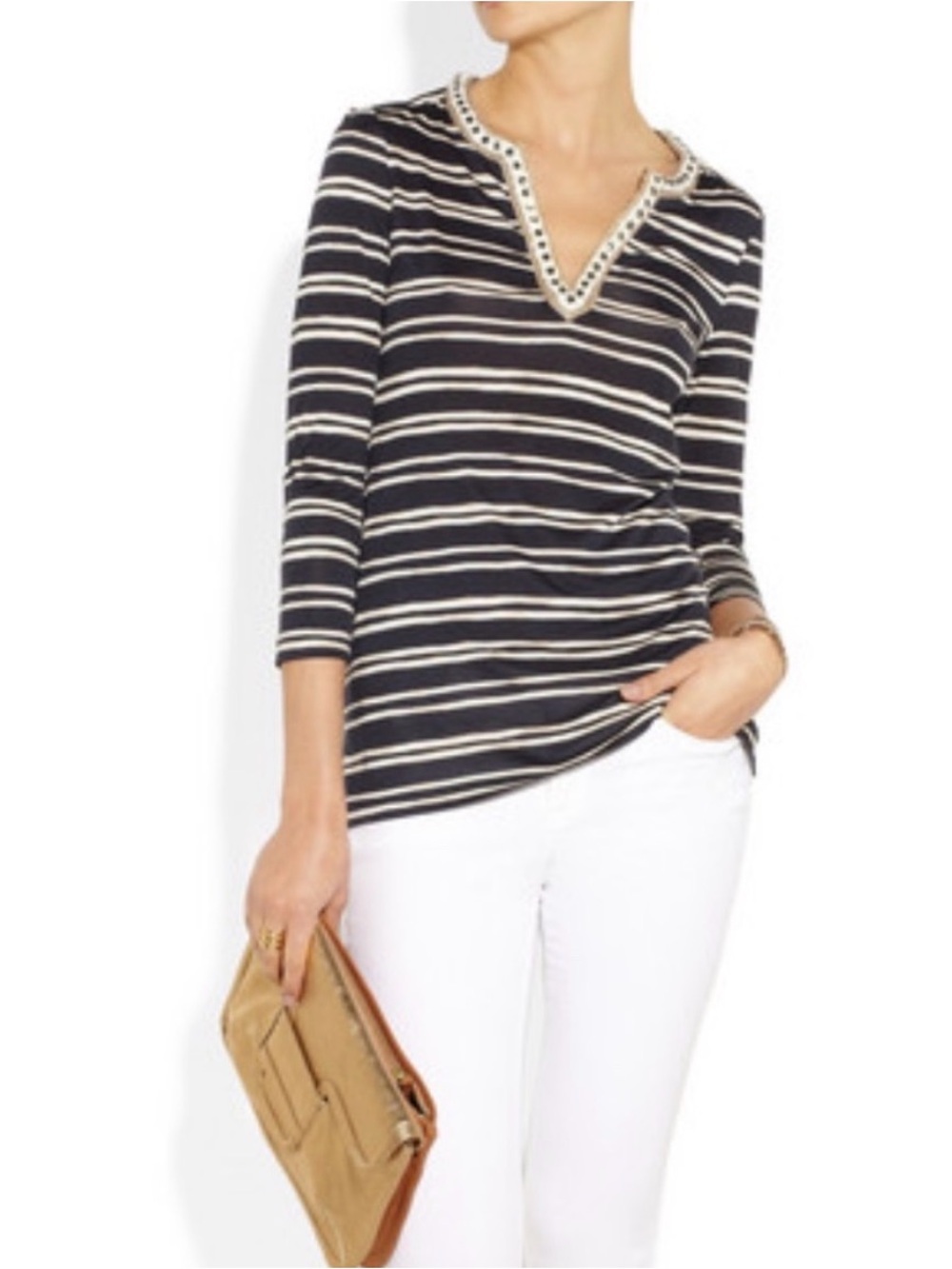 Tory Burch Evan Silk Striped Navy & Cream Tunic Size Medium